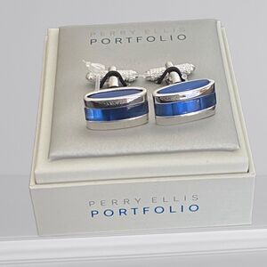Perry Ellis Portfolio Men's Cufflink Set Silver Blue Rectangle Gift for Him